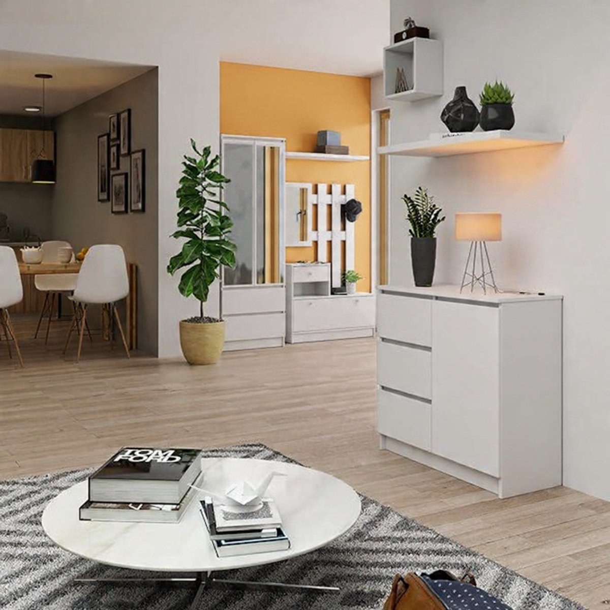 Elara ladekast 80 cm met 3 lades en Deur – Moderne Opbergkast met planken – Wit Mat Casa Serena