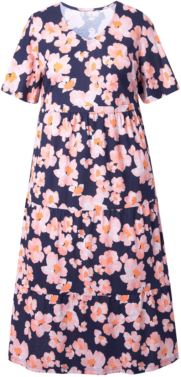 Ulla Popken Dames - Maxi-jurk bloemen A-lijn V-hals korte kapmouwen - Marine - Maat 58+
