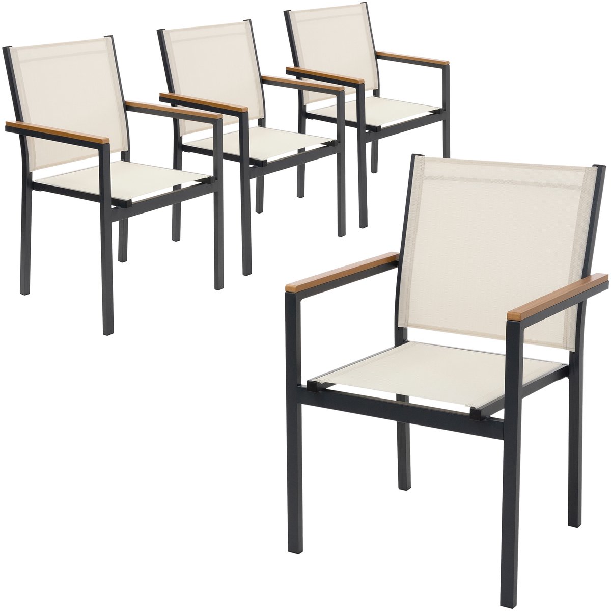 Tuinstoel set van 4 met armleuningen beige gemaakt van textilene, balkonstoel met metalen frame ML design