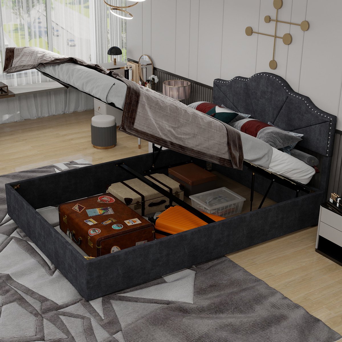 HAUSS SPOLE Gestoffeerd Bed 140x200cm - Geometrisch Hoofdbord Met Siernagels - Stabiel Lattenframe - Zonder Matras - Stof Metaal - Grijs