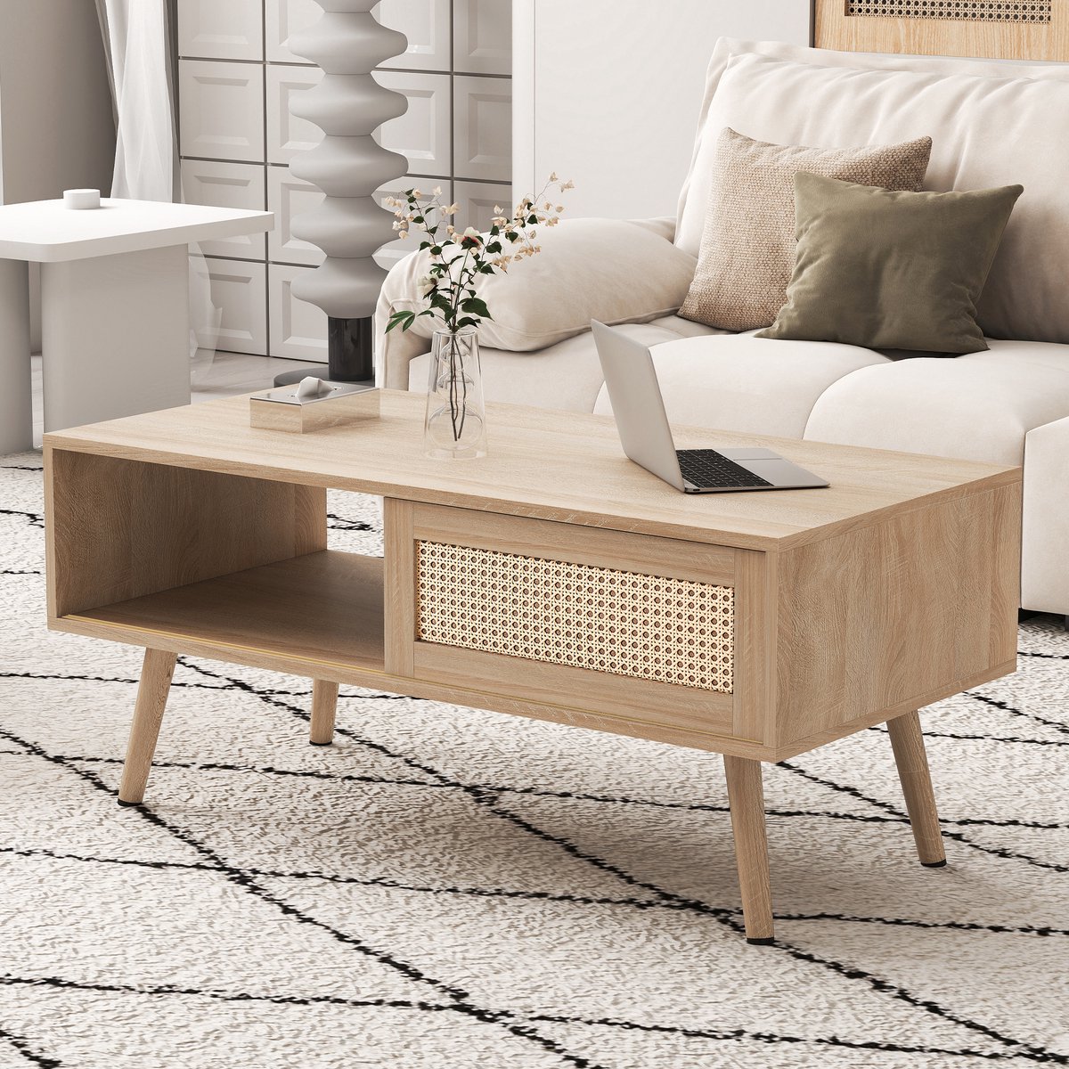 Pugsdrly Gevlochten salontafel, theetafel met schuifdeuren, poten van massief hout, moderne salontafel, natuurlijke kleur - H40/B1050/D55 cm Natuurlijk hout