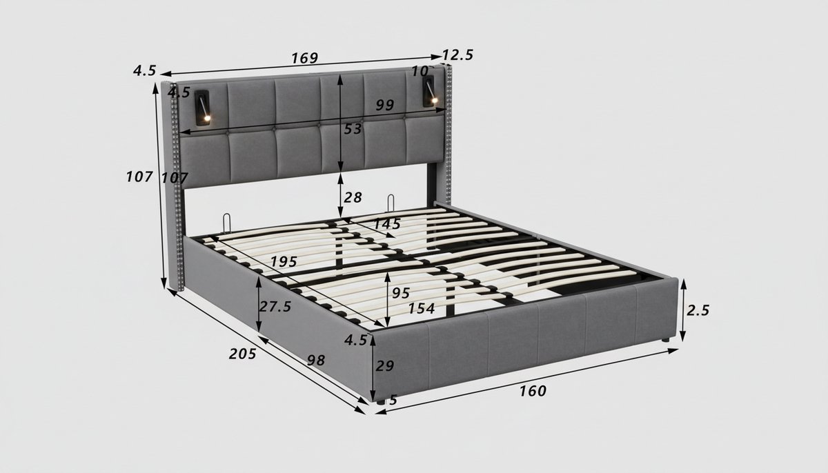 Gestoffeerd Opbergbed 160x200 cm Grijs – Casa Velluto Luxe Tweepersoonsbed met Hydraulisch