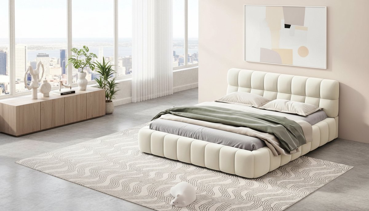Tweepersoons bed 140x200 Beige – Casa Velluto Luxe Gestoffeerd Bed Frame met Bubble Design, Comfortabel Hoofdbord & Stevige Lattenbodem – Modern 2 Persoons Bed 140x200 (Beige, 140 x 200 cm)
