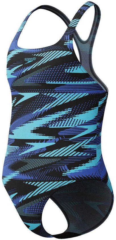 Zwemmen meisjes, zwart badpak met blauw en turquoise abstract patroon.