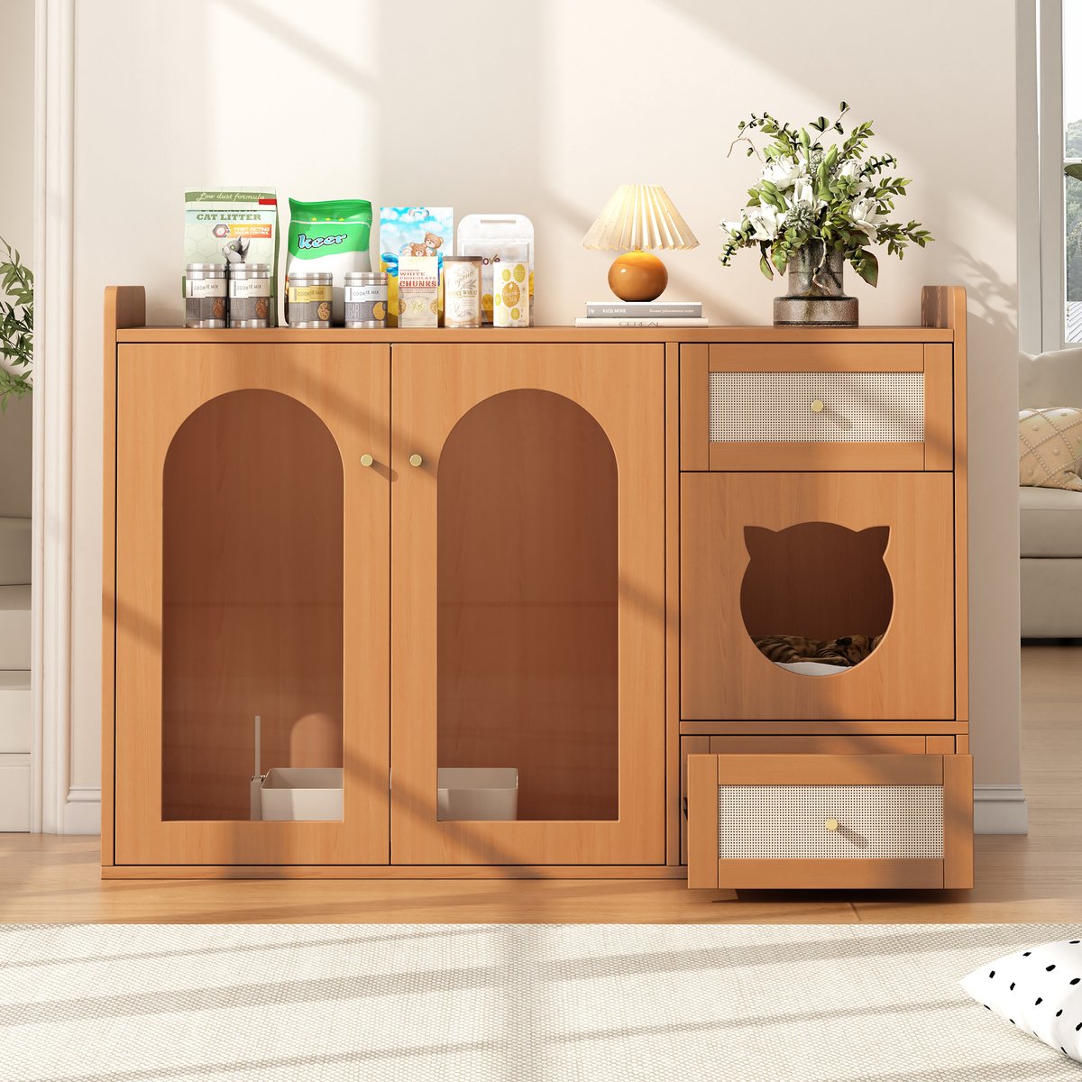 Kattenhuis met kattenbakkast - voorzien van voerbak - kattenrustgebied en opbergruimte - zonder kattentoilet en kattenmat - walnootkleur