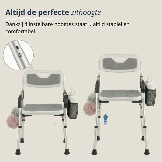 BY JRM® Inklapbare Douchestoel - Douchekruk - Incl. badset, douche puff, douchekophouder - Met Armleuning - Hoogte Verstelbaar - Antislip - Grijs