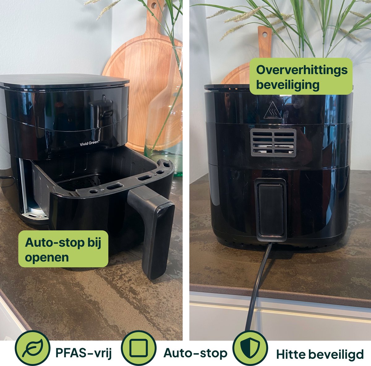 Vivid Green Airfryer 3L – 2 tot 3 Personen – PFAS-vrij – 8 Programma’s – Digitaal Display — afbeelding 7