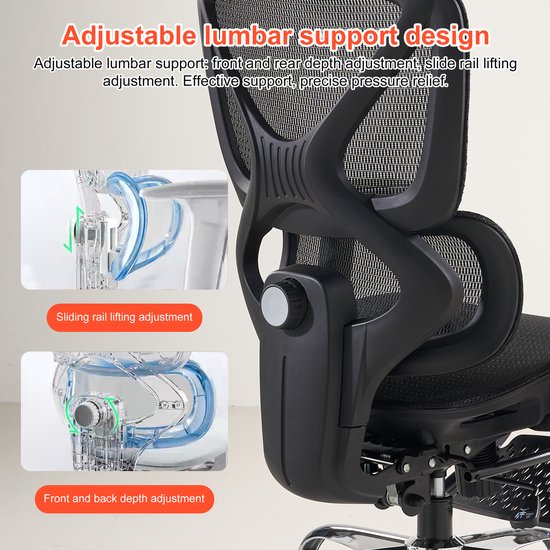 Close-up van de rugleuning van een zwarte bureaustoel met verstelbare lendensteun. Tekst: 'Adjustable lumbar support design'.