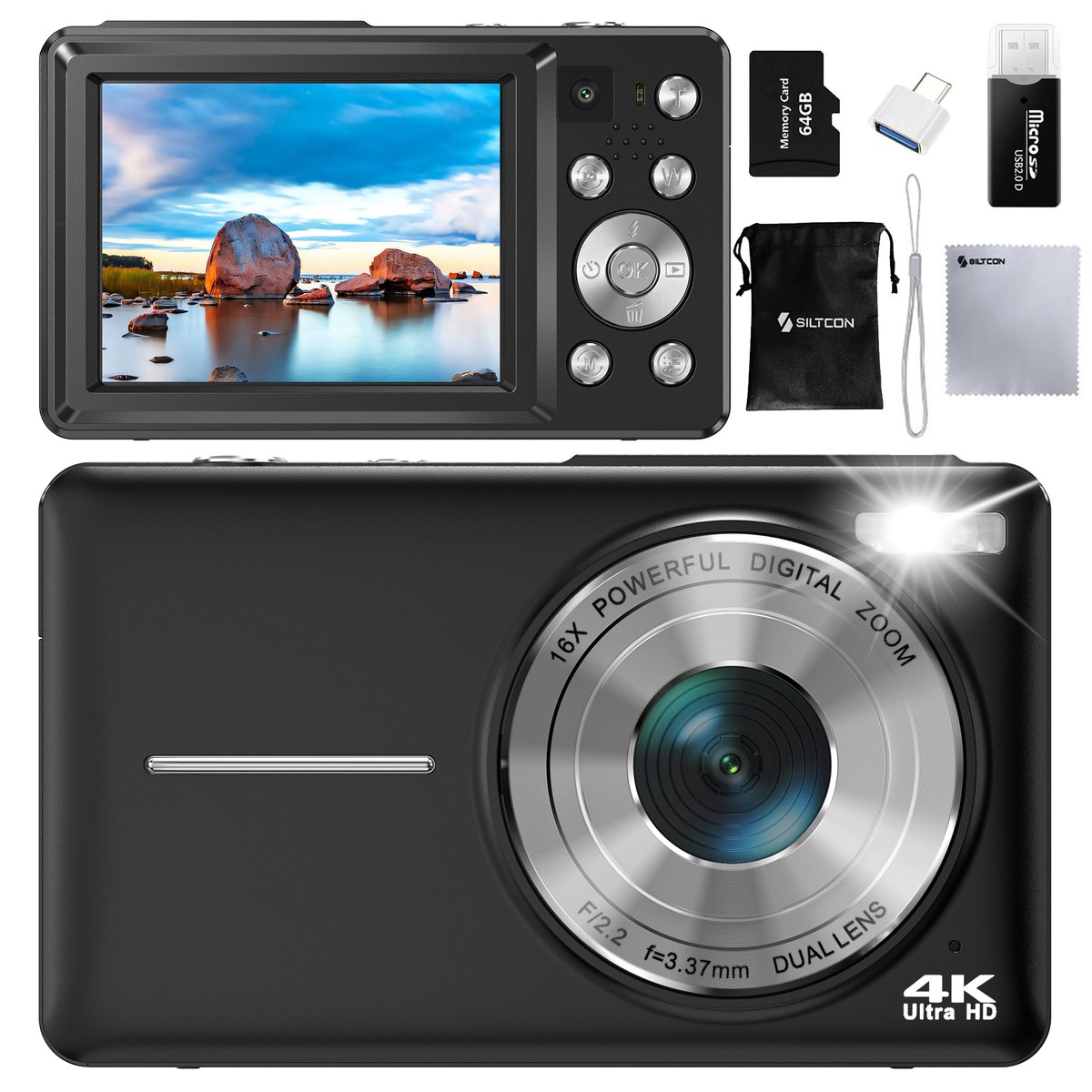 Siltcon® Digitale Camera - 4K Ultra HD & 64MP - Fotocamera - Mini Camera - Fototoestel - Vlog Camera voor Kinderen - Compact Camera - Foto & Video - Dual Lens - 16x Zoom - Incl. 64GB SD