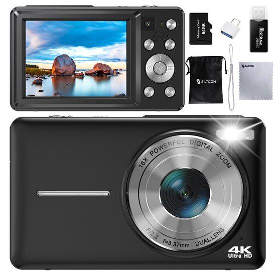 Siltcon® Digitale Camera - 4K Ultra HD & 64MP - Fotocamera - Mini Camera - Fototoestel - Vlog Camera voor Kinderen - Compact Camera - Foto & Video - Dual Lens - 16x Zoom - Incl. 64GB SD