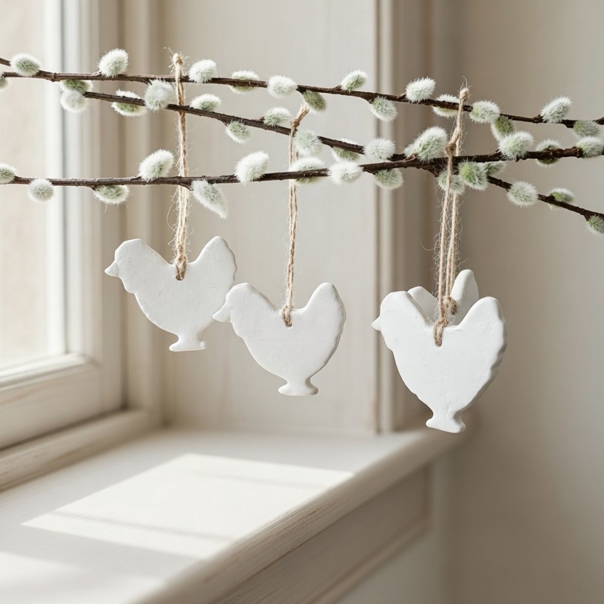 Handgemaakte paaskip hangers wit 4 stuks – Landelijke paasdecoratie, lente decoratie - Paashangers - Kip hangers