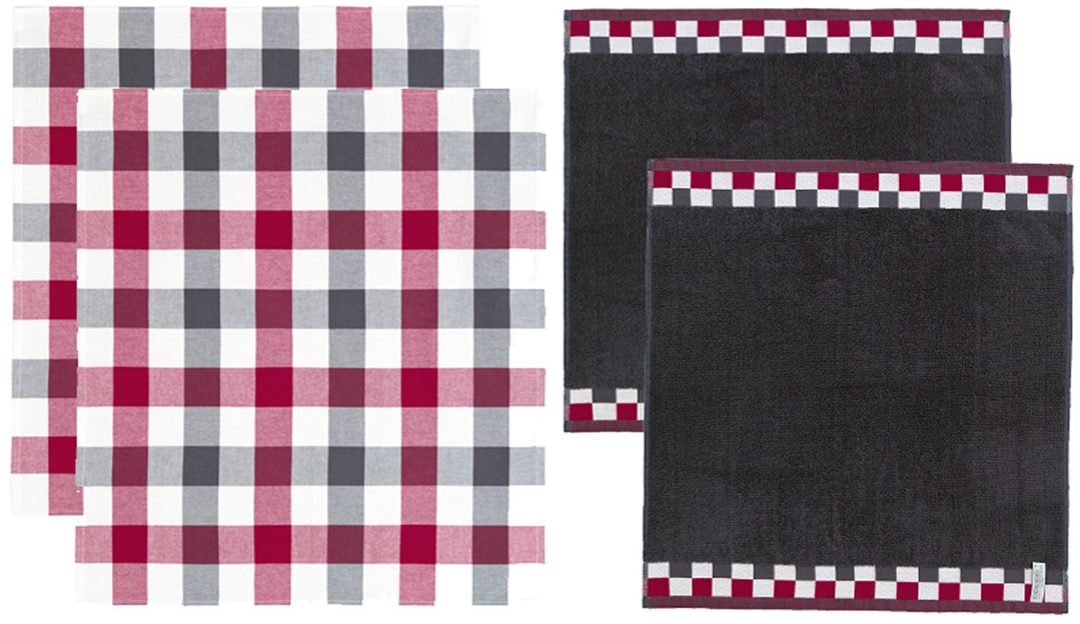 Bol.com DDDDD - Carre Theedoeken en Keukendoeken Set - Set van 4 - Katoen - Geruit - 60x 65 cm/50x55 cm - Rood en Antraciet aanbieding