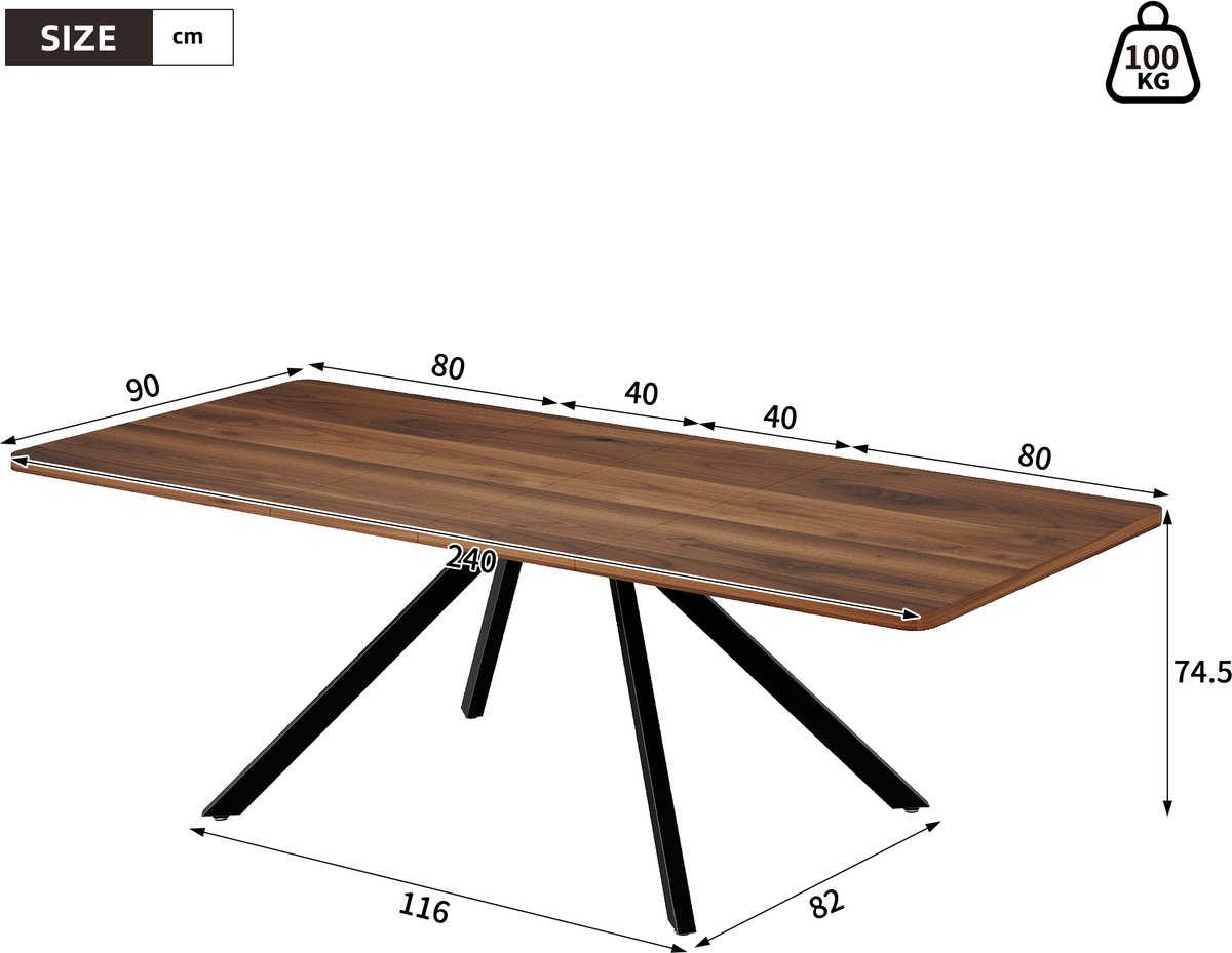 Uitschuifbare eettafel - drie lengtes - 160/200/240x90 cm - voor 6-10 personen - voor eetkamer en keuken - walnootkleur