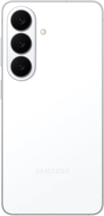 Achterkant van een witte Samsung Galaxy S26+, met een verticale camera-opstelling.