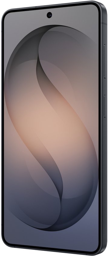 Zijaanzicht van een donkere Samsung smartphone met abstracte wallpaper.