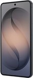 Zijaanzicht van een donkere Samsung smartphone met abstracte wallpaper.