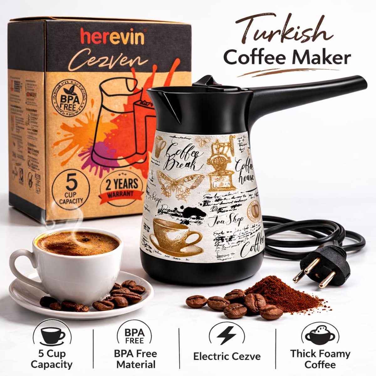 Turkish Coffee Maker – 5 Cup Capacity – BPA Free – Foamy Coffee