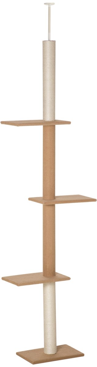 Merax Plafondhoge Krabpaal 228-260 cm - In Hoogte Verstelbaar - 4 Platforms - Krabvlakken - Pluche Kussens - Kaki - Voor Katten tot 4 kg