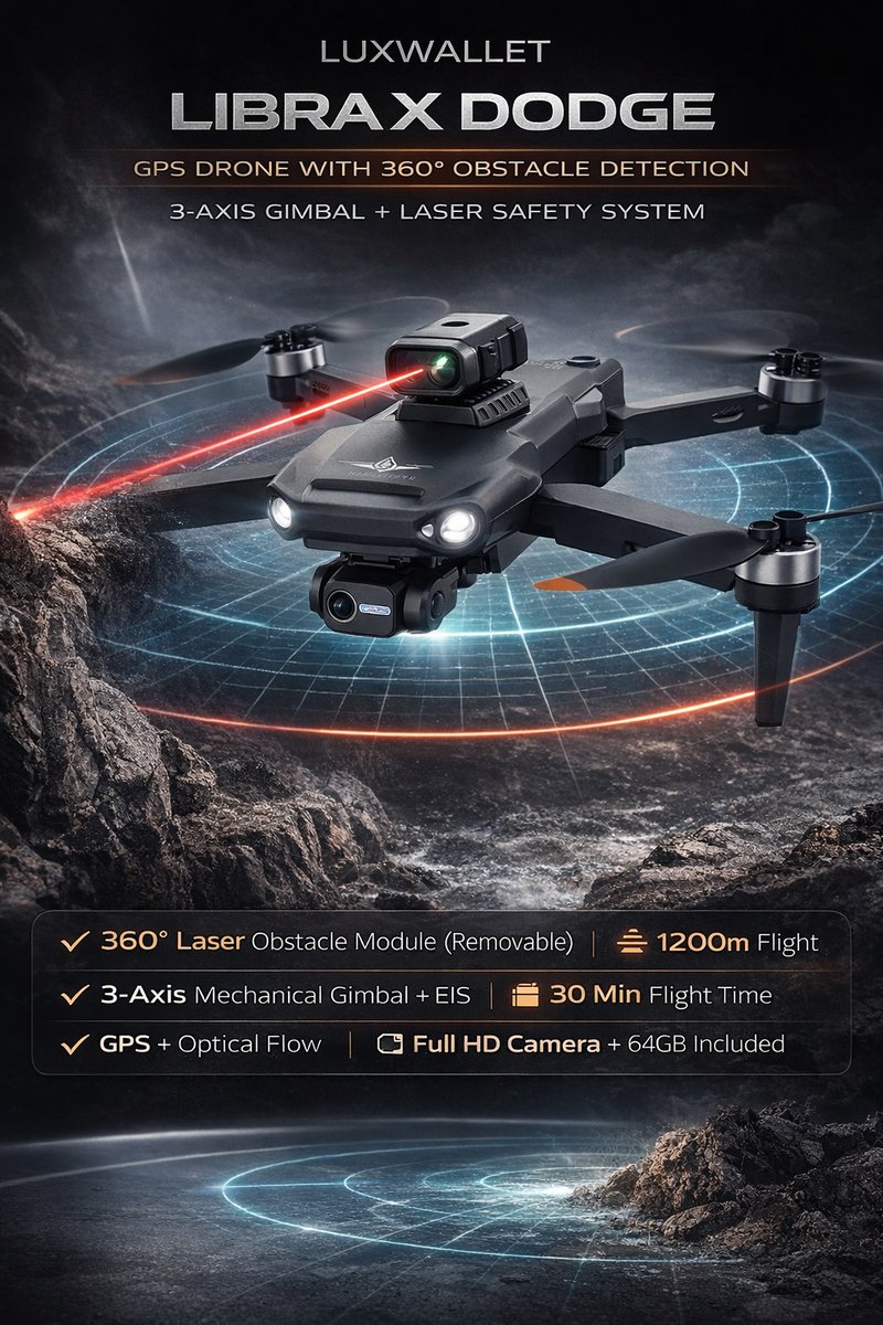 LUXWALLET Libra X Dodge – GPS Drone – 3-As Gimbal - Laser Obstakel Ontwijking - GPS Terugkeer + 64GB Micro SD - Volg Mij Modus – Borstelloze Motoren - Dubbele Camera - 1200m - One Key Take-off & Landing - Zwart thumbnail 2
