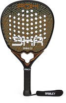 Druppelvormige padelracket met zwart, groen en oranje ruitpatroon. "BHR" logo in het wit.