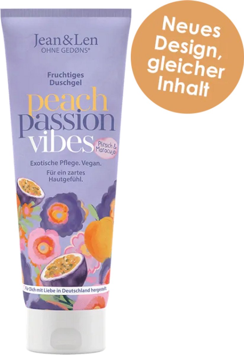 Jean & Len Douchegel Perzik & Passievrucht – 250 ml: fruitige. vegan douchegel zonder onzin. Reinigt mild. ruikt heerlijk & laat de huid fris aanvoelen.