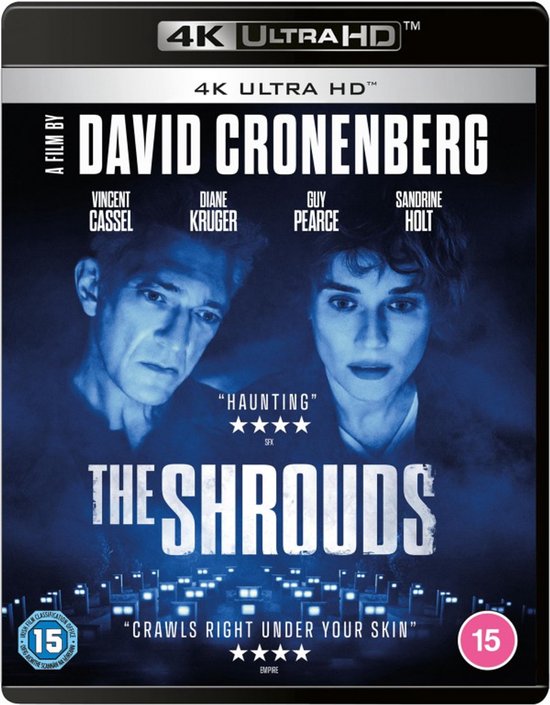 4K Ultra HD Blu-ray hoes van "The Shrouds" met David Cronenberg, Vincent Cassel, Diane Kruger en Guy Pearce. Tekst: "Haunting" en "Crawls right under your skin".