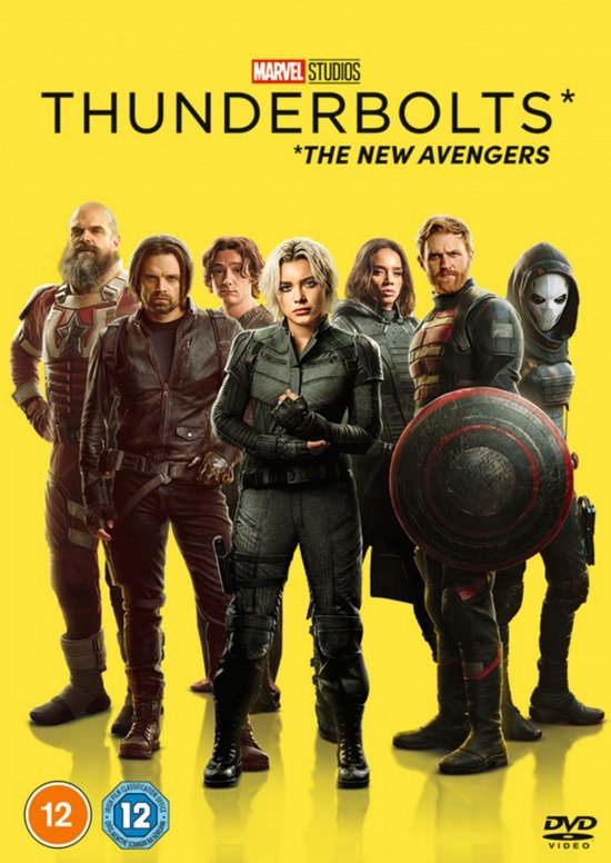 Marvel Studios: Thunderbolts* poster met de cast. Inclusief: Red Guardian, Winter Soldier, Yelena Belova, Taskmaster, Sentry, Ghost en U.S. Agent met schild.