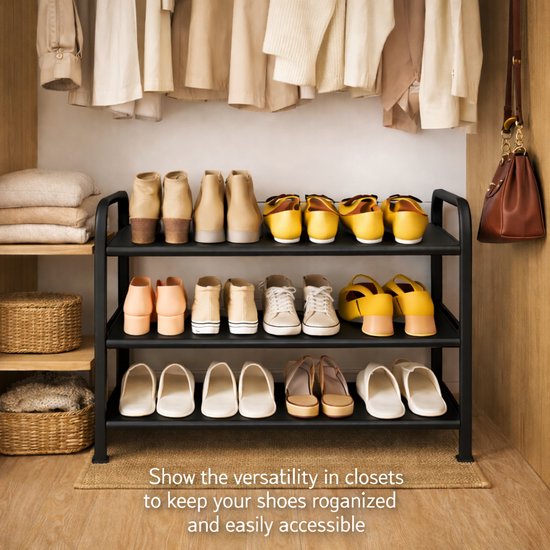 BOTC Schoenenrek - schoenenkast - 3 Lagen - Voor 12 paar schoenen - 53 x 28 x 68 cm - Metaal - Zwart