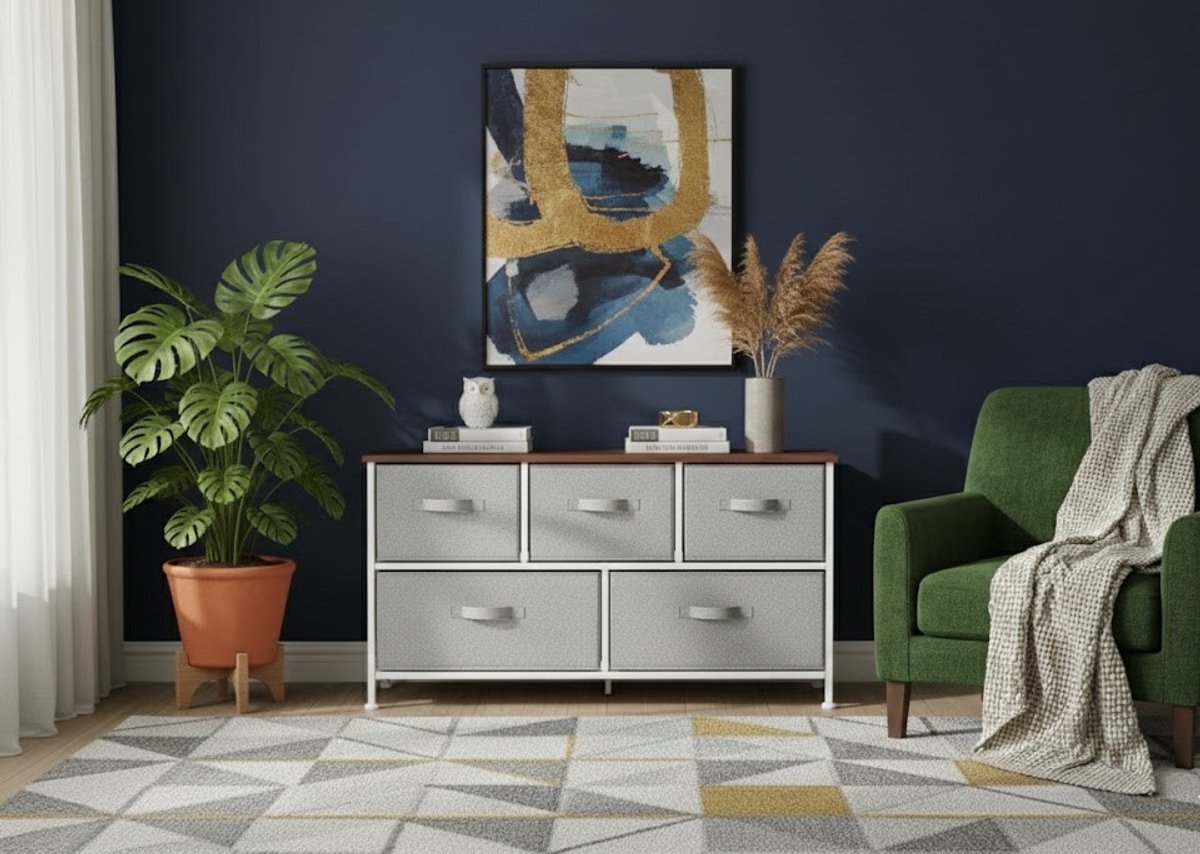 Luxe Opbergkast met 5 Extra Brede Stoffen Laden – Kledingkast Organizer – Stalen Frame met Houten Bovenblad – Wit – Slaapkamer, Kledingkast & Wasruimte House&Garden