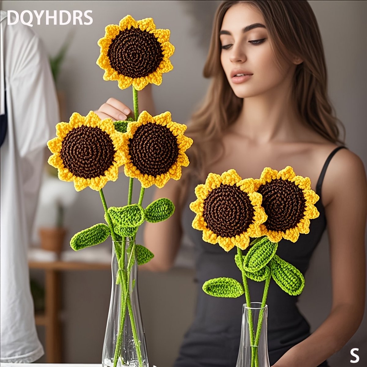 VANDAAG VERZONDEN - Gehaakte Zonnebloem 3 STUKS - Handgemaakte Bloemen - Kunstbloemen Decoratie - DIY Bloemen Kit - Tafelstuk Decoratie - Herfst Bloemen - Bruiloft Decoratie - Moederdag Cadeau - Valentijnsdag Decoratie - Woondecoratie