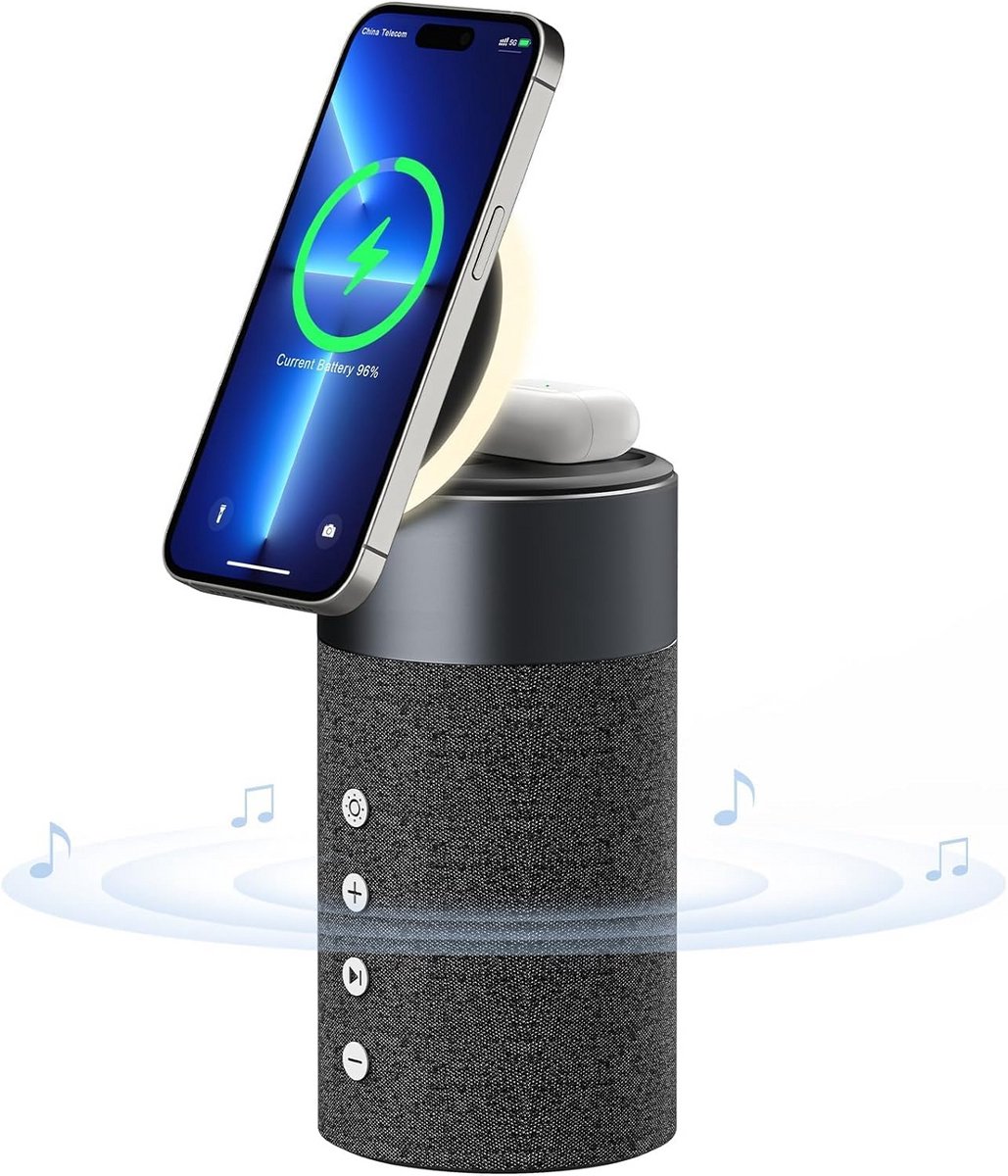 Draagbare Bluetooth Speaker met Magnetische Draadloze Oplader en Nachtlampje