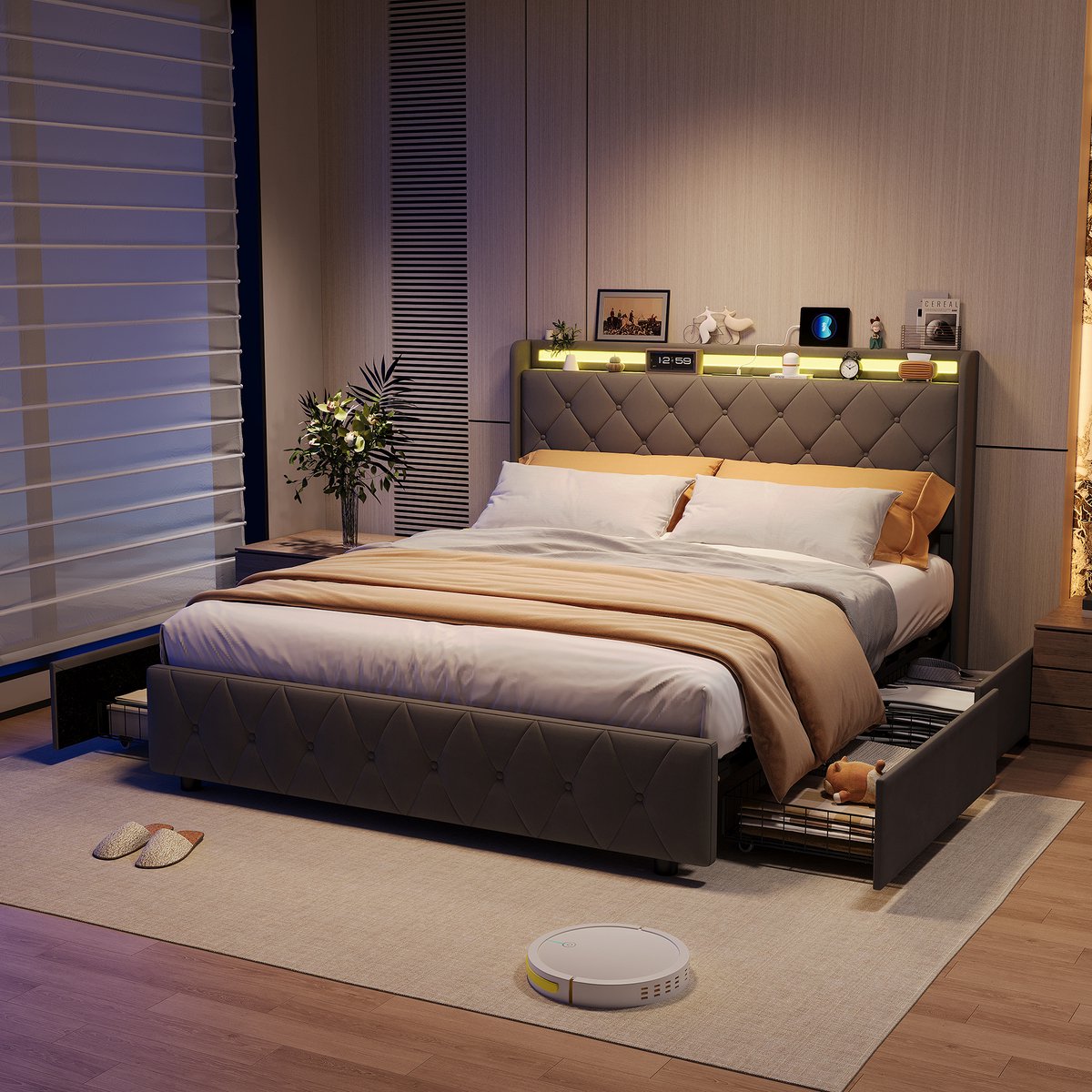 Velours tweepersoonsbed 140x200 cm met LED-hoofdbord, geïntegreerde lades en opbergruimte in het hoofdbord voor praktisch slaapcomfort, grijs