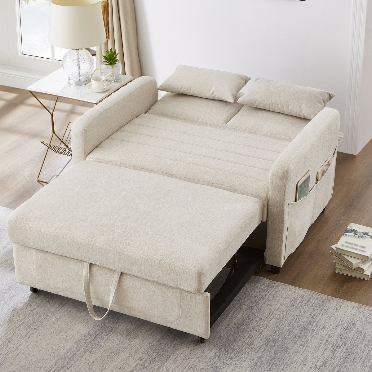 MIVRAY Slaapbank Uittrekbaar Met 3-Standen Verstelbare Rugleuning – Voor Woonkamer En Slaapkamer – Katoen Linnen Beige
