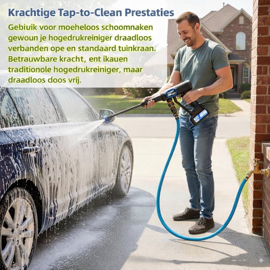 Mobiele Hogedrukreiniger met 2 Accu’s - Draagbare Hogedrukreiniger - Direct Aansluitbaar op Kraan - Accu Hogedrukspuit voor Auto en Balkon - Hogedrukreiniger met 6 in 1 Spuitmond - Draadloze Waterreiniger met Accessoires - Hogedrukreiniger Accu — afbeelding 3