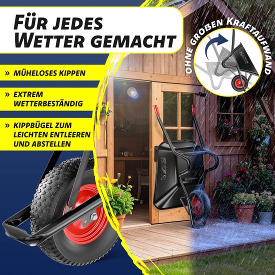 MASKO® Kruiwagen 100L met Luchtbanden max. 250kg laadvermogen inclusief Handschoenen - Zwart van Merkloos	 — afbeelding 4