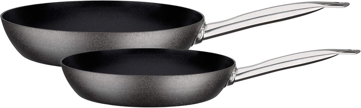 2-delige koolstofstaal pannenset met roestvrijstalen handgreep - 24 & 28 cm - ovenbestendig tot 200°C