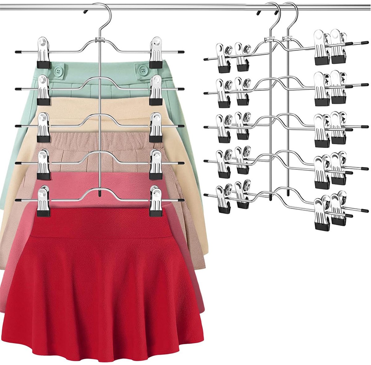 Broekhangers met Knijpers - 3 Stuks - Broekhanger Ruimtebesparend - Kleerhangers - Broekenrek van Roestvrij Staal met Vier Lagen - Zilver