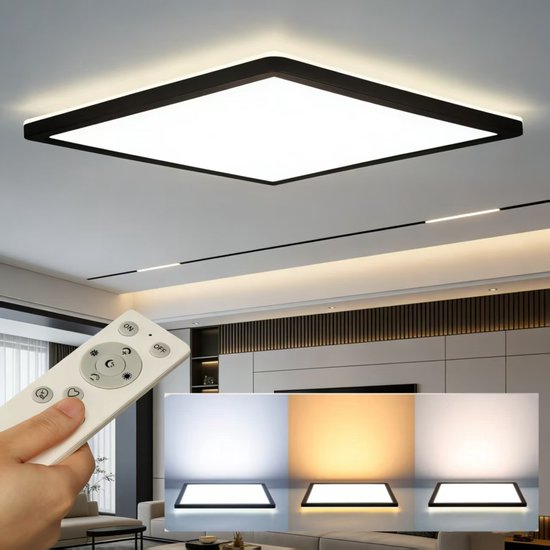 Zwarte vierkante LED-plafondlamp met afstandsbediening en drie kleurtemperatuuropties.