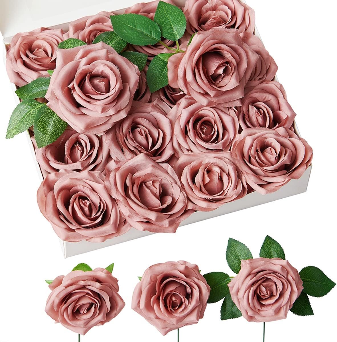 Kunstrozen stoffig roze, 16 stuks, kunstbloemen met steel, realistische rozen