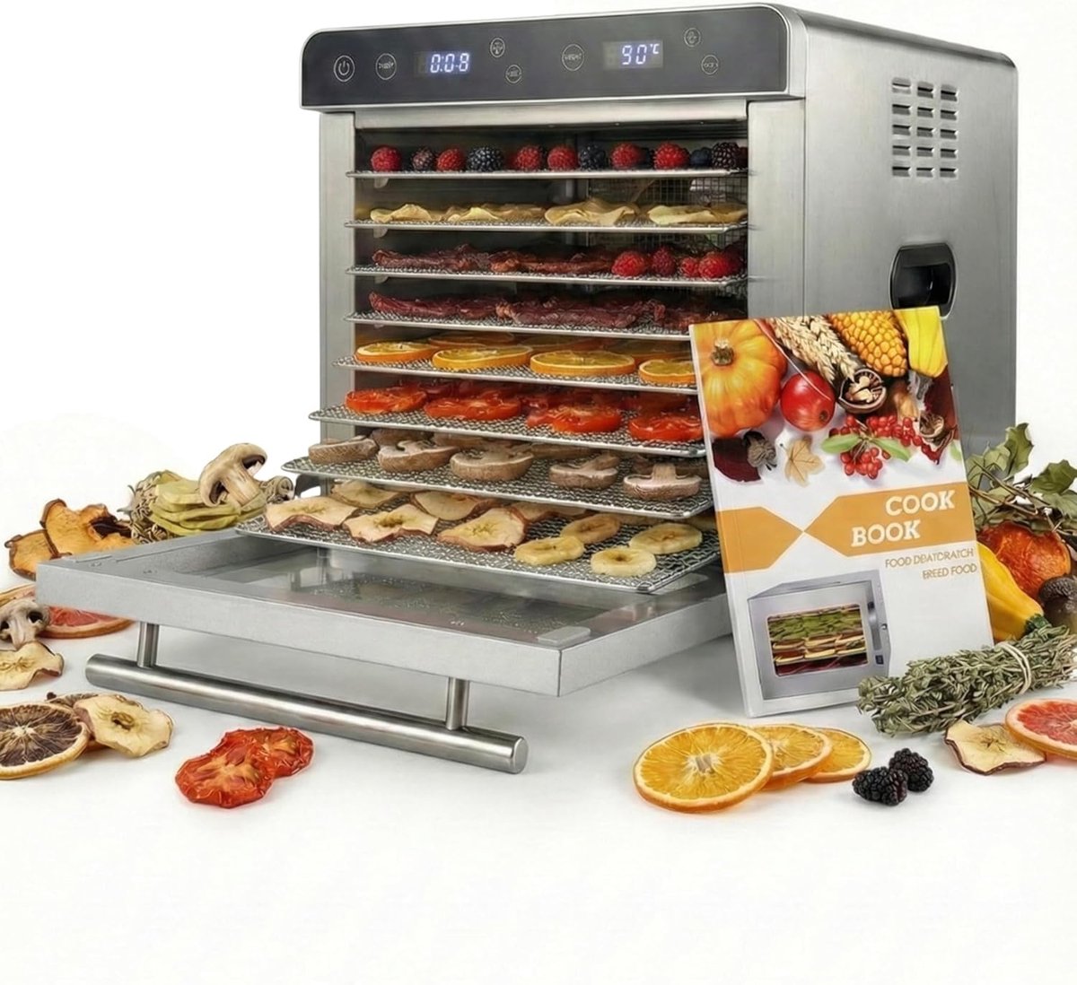Sommertal Automatische Dehydrator Silence 700 XXL, Ontvochtiger incl. 8 Roestvrijstalen Dehydratatierekken, LED-Display, 24-uurs Timer, Instelbare Temperatuurinstelling (35°C-85°C), incl. Kookboek, professionele Dehydrator, 700W
