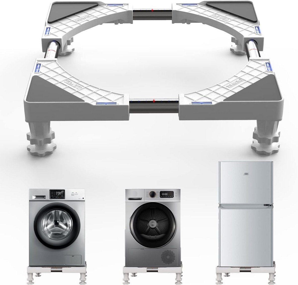Verstelbare Wasmachine Verhoging - Tril- en Lawaaiwerend, 45-65cm, 9.5-12cm Hoogte, 250kg Draagvermogen