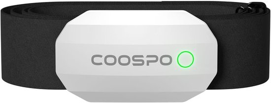 Witte Coospo hartslagmeter met een groene LED en een zwarte borstband.