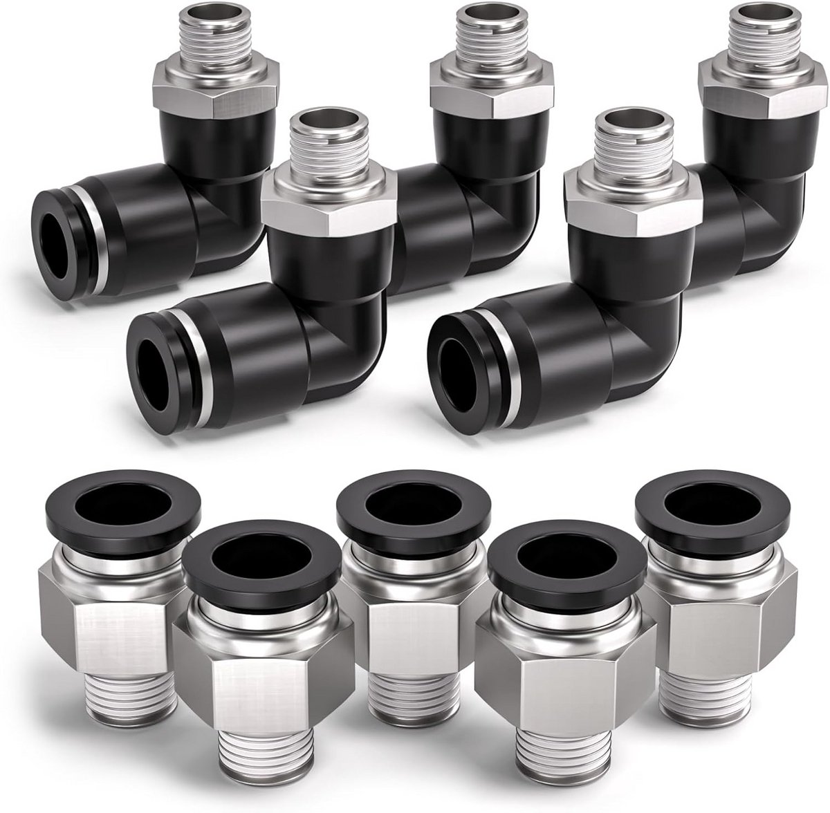 10x Pneumatische Koppelingen: 10mm Buis naar 1/8" BSP Schroefdraad Rechte & 90 Graden Elleboog