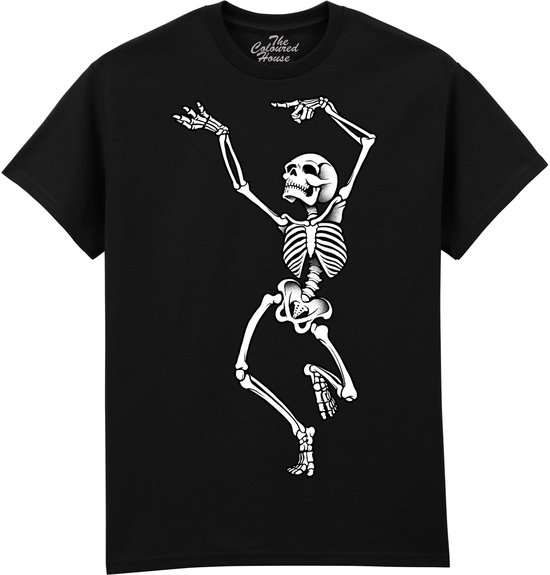 T-shirt noir avec un squelette dansant et le texte "The Coloured House" sur le col. Le crâne et les os sont blancs.