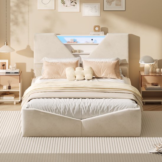 Lit double velours 160x200 cm avec tête de lit LED, tiroirs intégrés et espace de rangement dans la tête de lit pour un confort de chambre à coucher fonctionnel, Beige