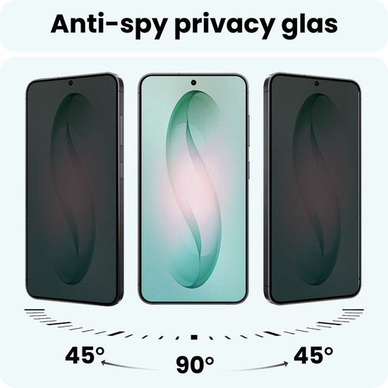 Anti-spy privacy glas voor smartphones, getoond vanuit 45° en 90° hoeken.