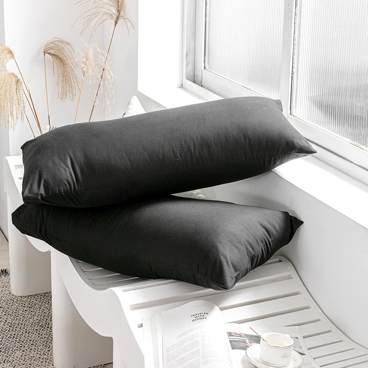 Famanu Kussenslopen van 2 stuks - microvezels zacht - comfortabel - wasbaar - ademend - stof - kreukvrij - set van 2 (50 x 75 cm) (zwart) Black set
