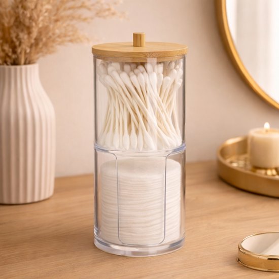 VKTY 2 stuks glazen wattenstaafhouder, 10 oz badkamer potten canisters voor katoenen bal Qtip opslag dispenser, wattenschijfhouder met bamboe deksel (zonder Letter-B