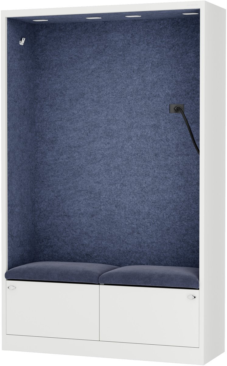 SALLY MentalBox - Geluidsabsorberende cabine voor 2 personen - met zitje - Kledinghanger + Ruime lade - Ingebouwde telefoonhouder + USB-C-poort - Navy Blue / Wit
