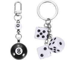 Allecto- sleutelhanger met 8 ballen - geluksbiljarts - creatieve hanger - voor tas en auto - accessoires voor mobiele telefoon - geschikt voor pool-enthousiastelingen - zwart en wit design